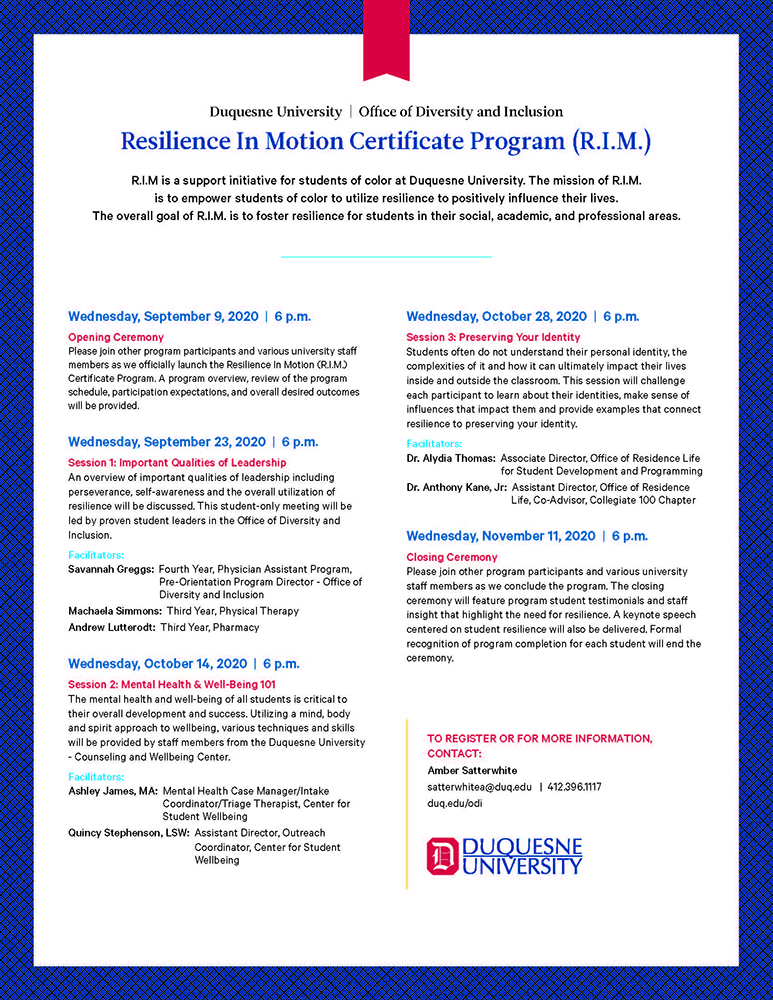 Duquesne University | Office of Diversity and Inclusion Resilience In Motion Certificate Program (R.I.M.)